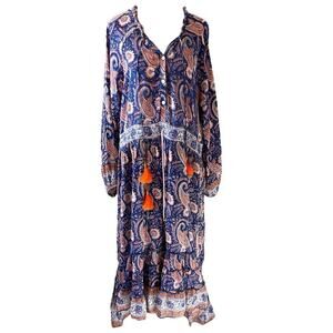 Bell by Alicia Bell Paisley Button Down Maxi Dress with Tassels Size Large Navy